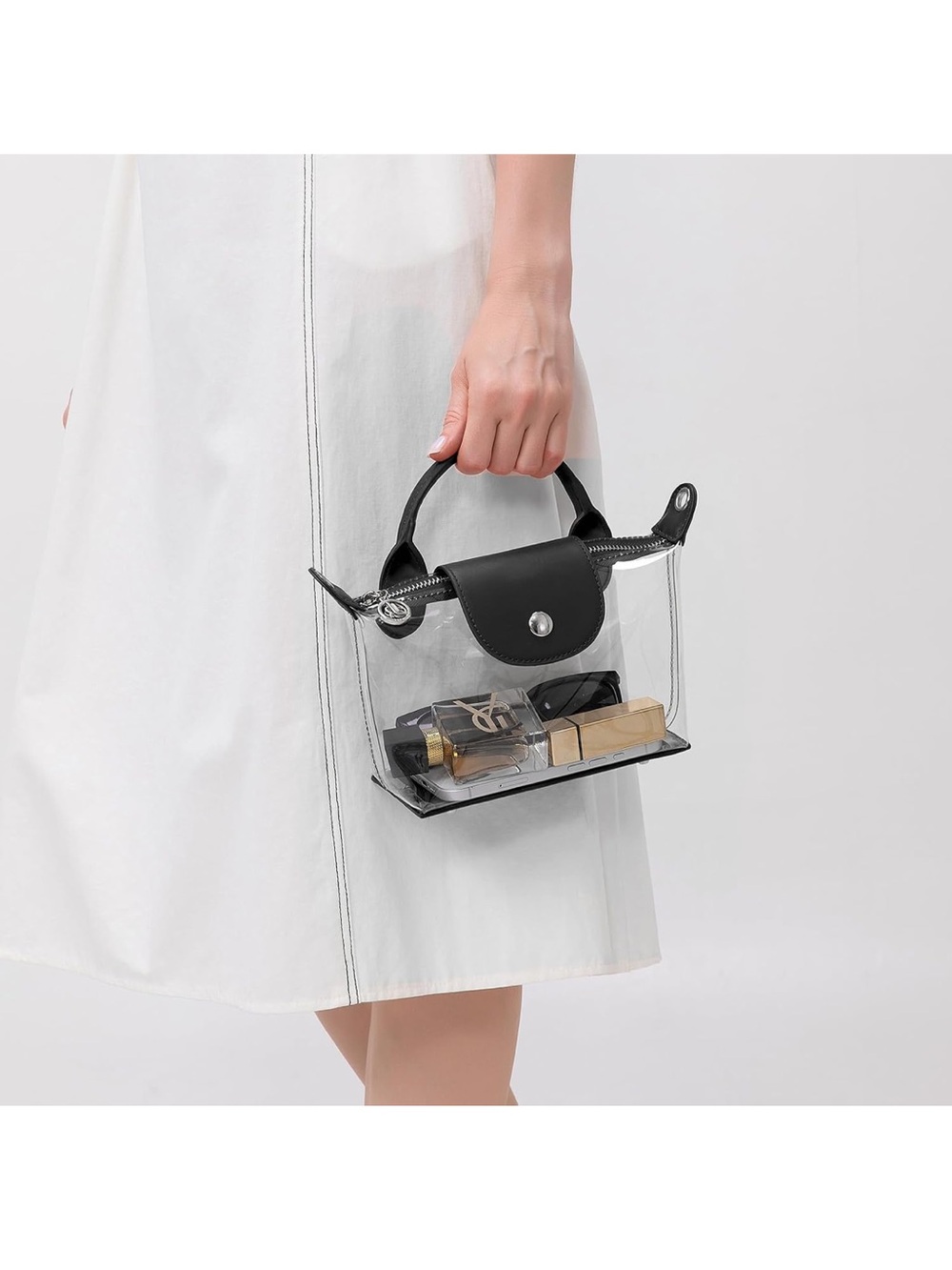 NEW Clear PVC Transparent Two-Way Tote Bag w/ Black Accents Crossbody Stadium - Picture 4 of 4